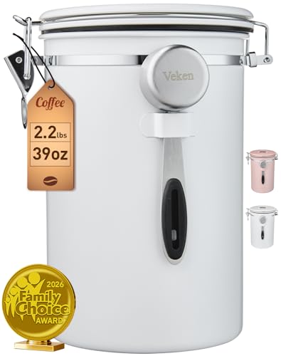 Veken Coffee Canister, 39OZ Large, Airtight Stainless Steel Food Storage Container for 2.2lbs Coffee Beans, Ground, Sugar, Tea, Flour, Cereal, Kitchen Bar Accessories with Date Tracker & Scoop, White - color: Jet White, size: 39 oz