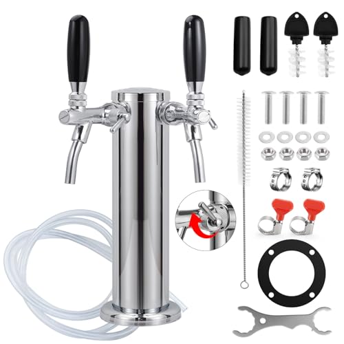 FERRODAY Upgraded Long Shank Adjustable Faucet Kegerator Tower Dual Faucet Beer Tower Double Tap Beer Tower Dispenser Beer Tap Kegerator Parts Pre-assembled Lines 3" Keg Tower Beer Keg Tap - size: Adjustable Dual Tap-Brass Faucet
