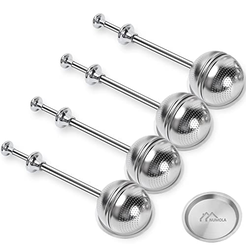 Numola Long Handle Tea Ball Stainless Steel with Drip Trays, 4Pcs Premium Tea Infuser Filter for Loose Leaf Tea, Reusable Fine Mesh Tea Interval Diffuser Strainer for Cup and Teapot - style: Long Handle Tea Ball x 4