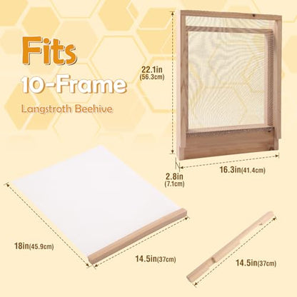 2-Pack Screened Bottom Board for 10-Frame Langstroth Beehive - Unfinished Solid Wood Beekeeping Base with Removable Tray & Entrance Reducer - Includes 1 Pair Protective Gloves