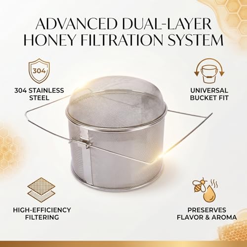Diydeg Honey Strainer, Stainless Steel Double Sieve Honey Filter with Extendable Arms, Extractor Equipment, Harvesting Ultra Fine Mesh Strainer for Beekeeping, Harvesting