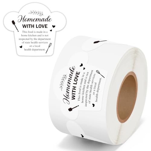 PANTIDE 500 Count Cottage Food Law Labels Sticker White Chef Hat Shaped | Homemade with Love, Waterproof Adhesive Decal Roll, Made in A Home Kitchen Inspection Statement, Food Packaging, 2 x 1.7 Inch - color: Food Law Chef Hat