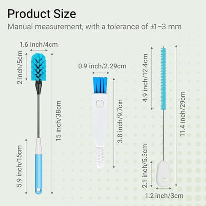 3-in-1 Bottle Brush, 15 Inches Long Handle Kitchen Water Bottle Brush, Stainless Steel Bottle Cleaner Brush with Straw Brush & Lid Brushe for Cleaning Wine Glasses,Coffee Mugs,Tumblers,Wine Decanters - color: Blue-3