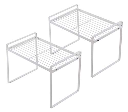 Shantton 2pk Kitchen Cabinet Shelf Counter Organizer Rack Pantry Storage Bathroom Bedroom Office Table Desk Space Saving Steel Frame Stackable Rust Resistant Non Slip White-Tall- L13in W8.3in H9.5in - color: White, size: L13" W8.3" H9.5"