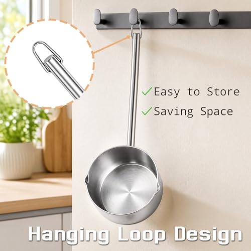 SOUJOY 2Pcs Stainless Steel Oil Ladle with Dual Pour Spout, 9oz Sauce Scoop | SUS304 Small Milk Pot, Heat-Resistant Long Handle Soup Gravy Spoon, Butter Warmer for Kitchen Cooking Serving