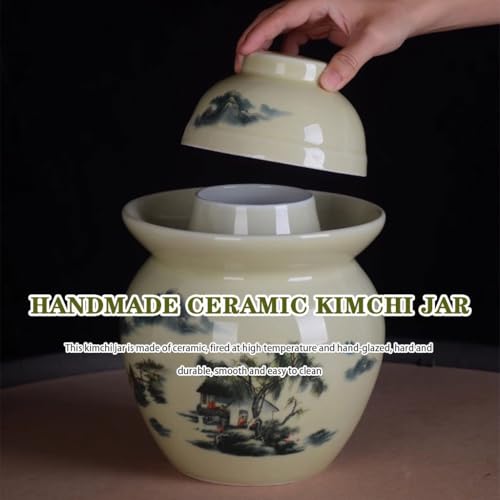 Classical Pastoral Ink Painting Kimchi Jar, Pickling Crock with Plastic Sealed Inner Lid, Ceramic Traditional Fermentation Tank, Decorative Storage Container(3.5kg) - size: 3.5kg
