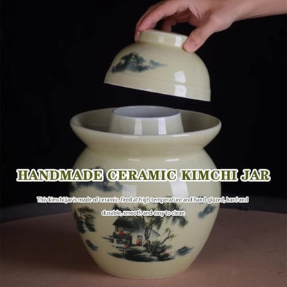 Classical Pastoral Ink Painting Kimchi Jar, Pickling Crock with Plastic Sealed Inner Lid, Ceramic Traditional Fermentation Tank, Decorative Storage Container(7kg) - size: 7kg