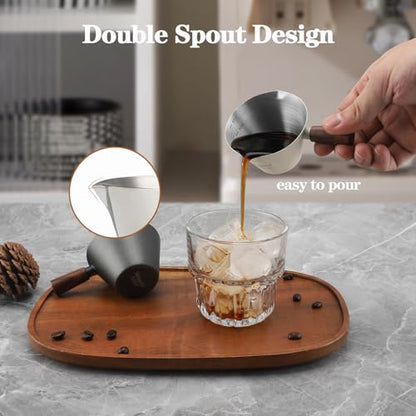 Mongdio Espresso Measuring Cup, Stainless Steel Espresso Shot Cups with Wooden Handle and Double Spouts, 3.4OZ/100ML, Silver - color: Silver, size: 3.4oz