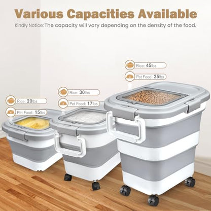 Komzon Rice Storage Container, Collapsible Airtight Food Storage Containers 6-20 Lbs, Rice Dispenser Bin with Cup and Scoop for Flour Cereal Pasta Grain, Cat Bird Pet Dog Food Storage Container - size: 6-20 Lbs