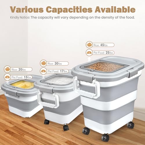 Komzon Rice Storage Container, Collapsible Airtight Food Storage Containers 20-30 Lbs, Rice Dispenser Bin with Cup and Scoop for Flour Cereal Pasta Grain, Cat Bird Pet Dog Food Storage Container - size: 20-30 Lbs