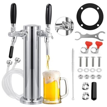 Adjustable Dual Tap Kegerator Tower Draft Beer Tower Pre-assembled Beer Keg Tap Tower Stainless Steel Beer Dispenser Tower Stainless Core Self-Closing Beer Faucet for Homebrew Kegerator Parts