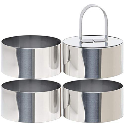HULISEN Round Cake Ring Mold, Stainless Steel 3” Cooking Crumpet Rings with 1 Pusher & 4 Food Form, Tuna Tartare Mold for Pancake, Salad, Mousse - size: 4 Round/ Set-3 Inch with Pusher