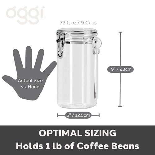 Oggi Clear Canister Airtight 72oz - Clamp Lid & Spoon - Airtight Food Storage Container, for Kitchen & Pantry Storage of Bulk, Dry Foods, Pasta, Flour, Sugar, Coffee, Rice, Tea, Spices & Herbs - size: 72 Fluid Ounces