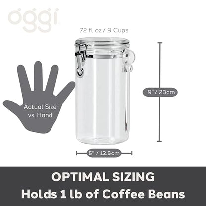 Oggi Clear Canister Airtight 72oz - Clamp Lid & Spoon - Airtight Food Storage Container, for Kitchen & Pantry Storage of Bulk, Dry Foods, Pasta, Flour, Sugar, Coffee, Rice, Tea, Spices & Herbs - size: 72 Fluid Ounces