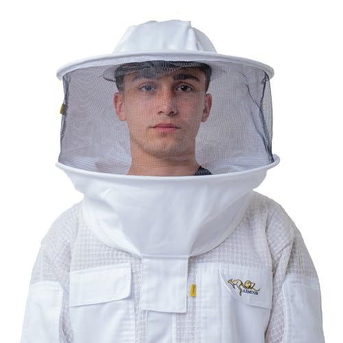 Beekeeping Round Brim Veil, with Elastic Shoulder, Ventilated Professional Beekeeping Suit Hat for Men & Women, Air Mesh Protection, Bee Hunting Net Cap in Round, White Color - style: Round Brim Hat