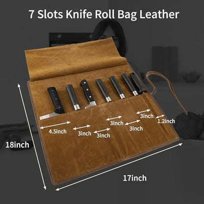 Genuine Leather Knife Roll, Knife Bags for Chefs Professional, Small Chef'S Knife Case Holder, Knives Holders Protectors with 7 Slots - color: 7 Slots Dark brown