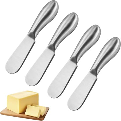 Linwnil 4-Piece Stainless Steel Butter Knife Set - Cheese & Butter Spreader Knives - Charcuterie Utensils - Dishwasher Safe - Silver