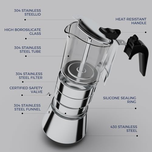 SIXAQUAE Stovetop Espresso Maker, Crystal Glass-top & Stainless Steel Espresso Moka Pot,Classic Italian coffee maker（360ml） - size: 360 ml - Standard