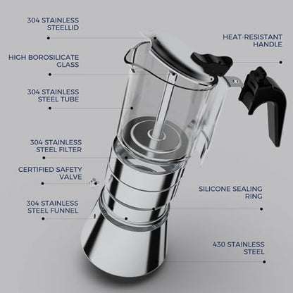 SIXAQUAE Induction Moka Pot, Crystal Glass-top & Stainless Steel Stovetop Espresso Maker,Classic Italian coffee maker (160ml) - size: 160 ml - Standard
