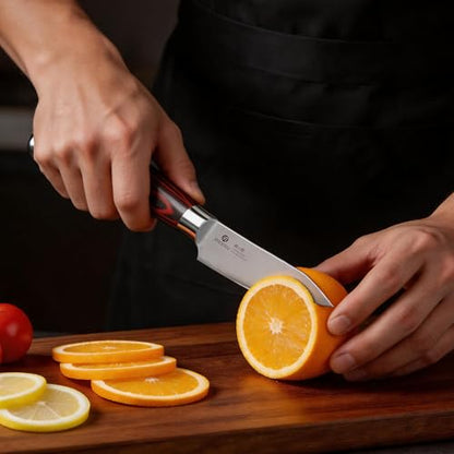 imarku Paring Knife 3.75 Inch, Japanese High Carbon Stainless Steel Fruit Knife, Ultra Sharp Small Kitchen Knife for Peeling Fruits Cutting Veggies, Ergonomic Pakkawood Handle - color: reddish-brown