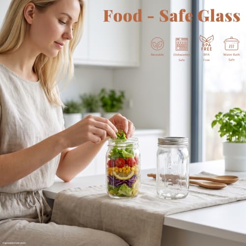 CycleMore Mason Jars 32 oz Wide Mouth, 6 Pack Glass Jars with ml Measurements and Silver Split Lids, Quart Mason Jars for Sourdough Starter, Pickles, Fermenting and Storage - size: 32 oz - 6 Pack
