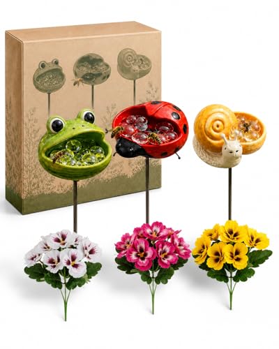 Unique Animal Watering Stations, Bee Cups Baths Waterer Garden Outdoors Decors Pollinator Butterfly Bird Water Feeder Bees Blossoms for Water Yard Patio Lawn Backyard Decor (3Pcs Mix) - color: 3Pcs Mix