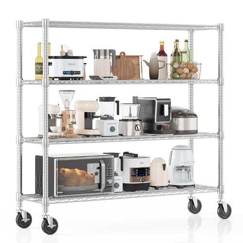 Homdox 4 Tier Heavy Duty Metal Wire Shelving with Wheels, 2400 lbs Capacity Garage Storage Rack, Rolling Industrial Storage, Adjustable Commercial Shelves for Kitchen, Warehouse, 18"x60"x72", Chrome - color: Silver, size: 18"x60"x72"
