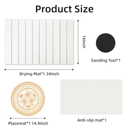 Stone Dish Drying Mat, 24"(L)×16"(W) - Fast-Drying, Collapsible Kitchen Counter Mat for Dishes, Cups & Bottles with Sanding Tool + Placemat, White