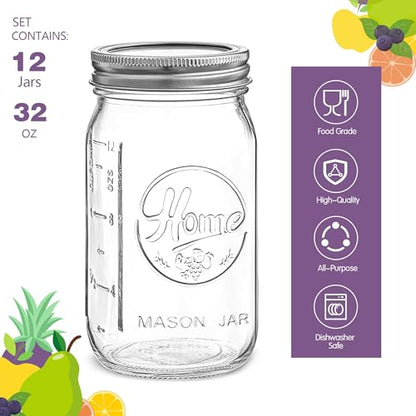12 Pack Wide Mouth Mason Jars 32 oz - Heavy Duty Glass Quart Mason Jars With Airtight Lids for Pickling, Canning, Food Storage, Meal Prep and Fermenting, Leak Proof - color: 32 oz-12Pack-Home