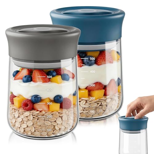 OURCABECUE Wide Mouth Mason Jar 16oz, Newly Upgraded Easy Open Rotating Lid, Food Grade Glass Storage Jar set of 2, for Overnight Oats Yogurt Snacks Candy Jars - color: Blue+Grey 2PC, size: 16OZ