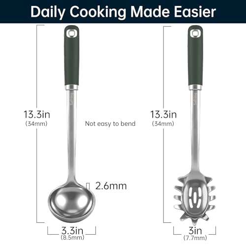 Safring Stainless Steel Soup Ladle and Spaghetti Spoon Set, Heat Resistant Rubber Handle, Dishwasher Safe, Kitchen Utensils for Cooking, Stirring, Serving Pasta, Soup & Sauce (Hunter Green) - color: Hunter Green