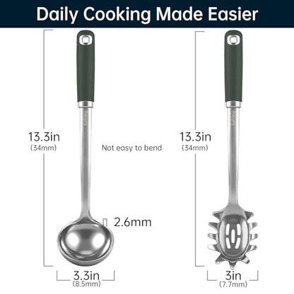 Safring Stainless Steel Soup Ladle and Spaghetti Spoon Set, Heat Resistant Rubber Handle, Dishwasher Safe, Kitchen Utensils for Cooking, Stirring, Serving Pasta, Soup & Sauce (Hunter Green) - color: Hunter Green
