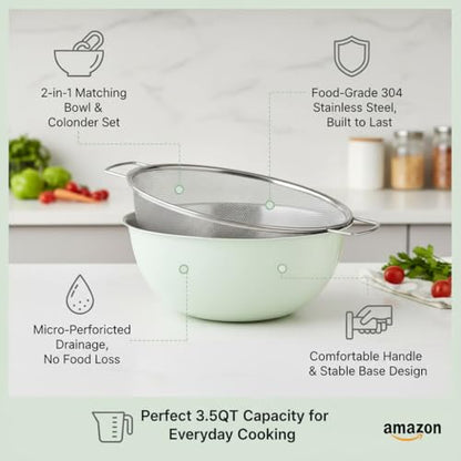 304 Stainless Steel Rice Washing Bowl and 40 Mesh Strainer Set, 3.5QT | 40-mesh strainer helps prevent grain loss while measurement marks and sturdy handles make rinsing and draining easier. - color: Green