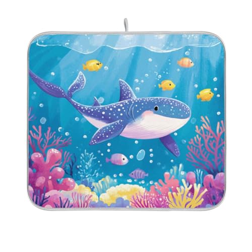 Blue Whale Shark Coral Sea Dish Drying Mat for Kitchen Counter Microfiber Absorbent Dish Drainer Rack Mat Small Kitchen Drying Mat Heat Resistant Drying Pad for Counter 18x16 - color: Blue whale shark coral sea, size: 16x18in