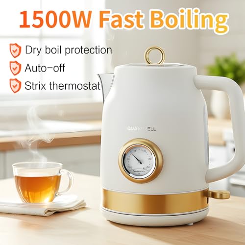 Retro Electric Kettle, 1.7L 304 Stainless Steel Tea Kettle with Temperature Gauge, 1500W Fast Boiling Water Boiler,Auto Shut-Off & Boil-Dry Protection, BPA-Free, Matte White and Gold - color: White and Gold