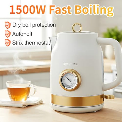 Retro Electric Kettle, 1.7L 304 Stainless Steel Tea Kettle with Temperature Gauge, 1500W Fast Boiling Water Boiler,Auto Shut-Off & Boil-Dry Protection, BPA-Free, Matte White and Gold - color: White and Gold