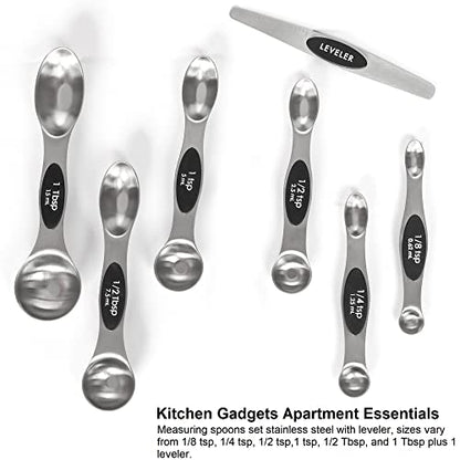 Magnetic Measuring Spoons Set Stainless Steel with Leveler, Stackable Metal Tablespoon Measure Spoon for Baking, Cups and Spoon Set Kitchen Gadgets Apartment Essentials Fits in Spice Jars - color: Silver