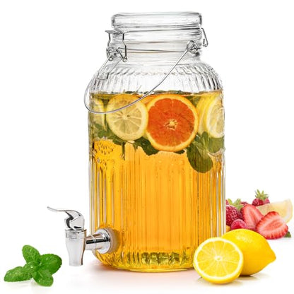 Kingrol 1 Gallon Glass Drink Dispenser with Lid and Spigot - Wide Mouth, Leak Proof Juice Pitcher- Vintage Beverage Dispenser for Party, Wedding, Picnic