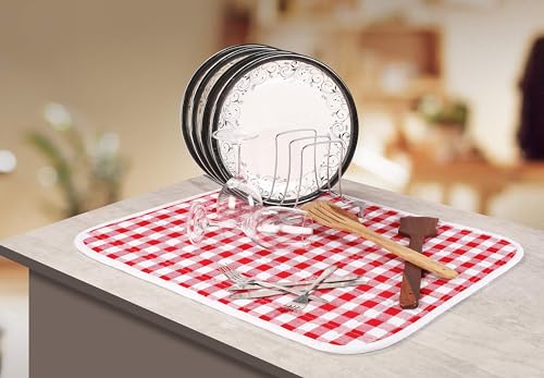 Ramanta Home Buffalo Plaid Check Dish Drying Mat Set of 2 Red - 16x18 Inches, Cotton Top Cover Quick Absorbent Dish-Drying Mats For Sink, Dishwasher | Foldable Kitchen Countertop Protector Dishes Pad - color: Red/White