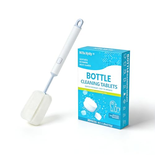 Bottle Bright Cleaning Tablets and Long Handle Brush,30PC | for Thermos, Coffee Pot, Glass, Tumbler, Stainless Steel, also can clean dentures.Dissolve with Hot Water,30PC
