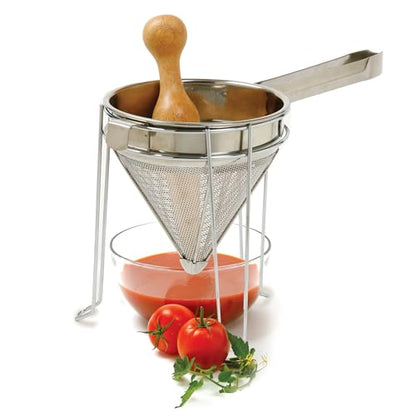 Norpro 642 Stainless Steel Chinois with Stand and Pestle Set, Bouillon Strainer, Jelly Strainer, China Cap