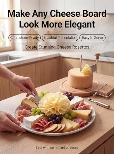 2-in-1 Cheese Curler and Slicer with Wooden Base, Stainless Steel Cheese Rosette Maker for Semi-Hard Cheese, Creates Elegant Rosettes and Uniform Slices