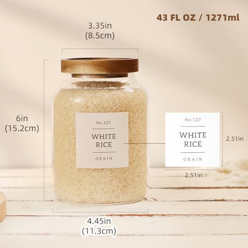 2 Pack Glass Food Storage Containers with Airtight Acacia Wood Lids and 132 Kitchen Pantey Labels Preprint - 43 LF OZ Borosilicate Glass Canister Sets for Food,Coffee,Cookie,Tea,Candy,Sugar - size: 45oz-2 Pack