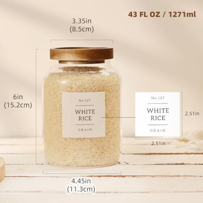 2 Pack Glass Food Storage Containers with Airtight Acacia Wood Lids and 132 Kitchen Pantey Labels Preprint - 43 LF OZ Borosilicate Glass Canister Sets for Food,Coffee,Cookie,Tea,Candy,Sugar - size: 45oz-2 Pack