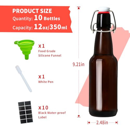 12oz Amber glass bottle with Airtight Stopper Lids (10 Pack) -Swing Top Glass Bottles-Flip Top Brewing Bottle for Fermentation, Kombucha, Mead, Vinegar, Beer, Kefir, Wine,Soda,whisky - size: 12oz