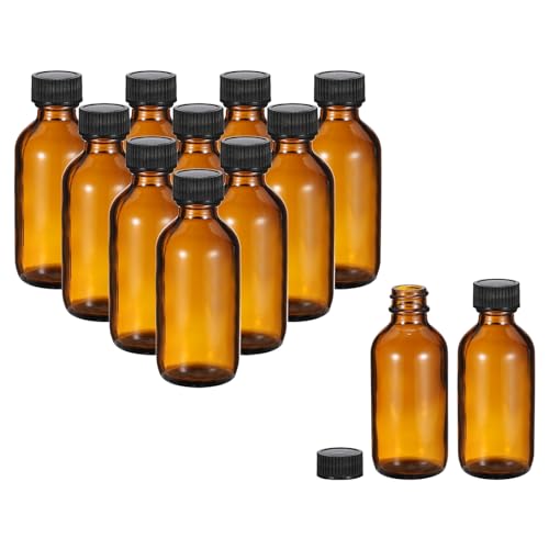 PATIKIL 2oz(60ml) Glass Sample Bottles, 12Pcs Round Bottle Dispensing Bottles with Black Poly Cone Cap for Reagent Liquids, Essential Oils, Perfume, Amber - color: Amber,Black, size: 2 oz