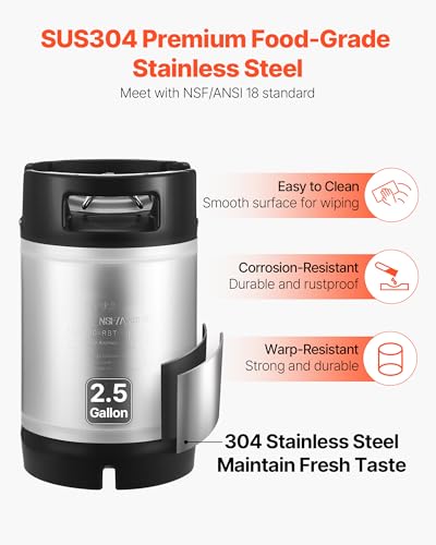 VEVOR Corny Keg, 2.5 Gallon Ball Lock Keg, SUS304 Cold Brew Kegs with Dual Rubber Handles & Heavy-Duty Rubber Bottom, Brewing Equipment for Home Brewing Party, 2 PCS - size: 2.5 Gal*2 - Corny Keg