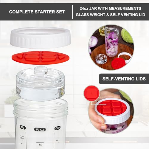 Fermentation Kit with Mason Jar – Fermentation Lids & Glass Weight, Burping Lids for Mason Jars, Easy Vegetable Fermenting Jar Starter Set for Pickles & Sauerkraut