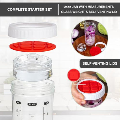 Fermentation Kit with Mason Jar – Fermentation Lids & Glass Weight, Burping Lids for Mason Jars, Easy Vegetable Fermenting Jar Starter Set for Pickles & Sauerkraut