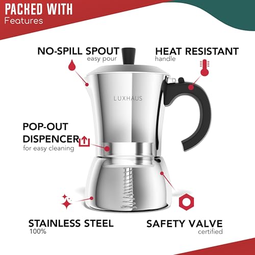 LuxHaus 9 Cup Moka Pot (2oz each cup - 18oz total) Stovetop Espresso Maker - Stainless Steel Italian and Cuban Mocha Coffee Maker - size: 9 Cup